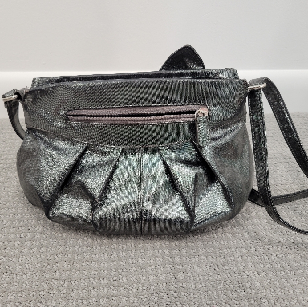 2/$18 Elle Grey Metallic Silver Crossbody Shoulder Bag Bow Detail GUC Small - Picture 6 of 15